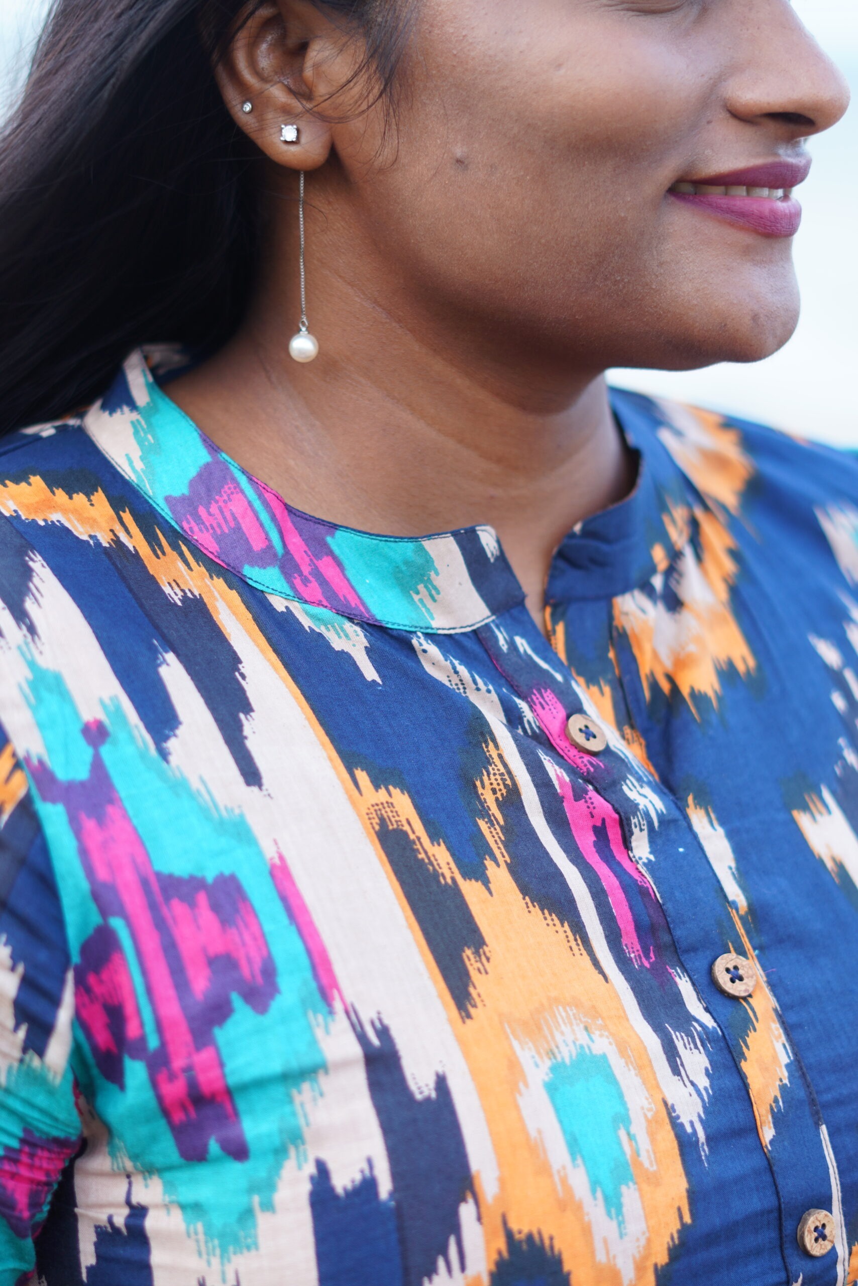 SJ - 10 | Cotton Straight-Cut Kurti | Navy Blue Ikkat Style Print - Image 6