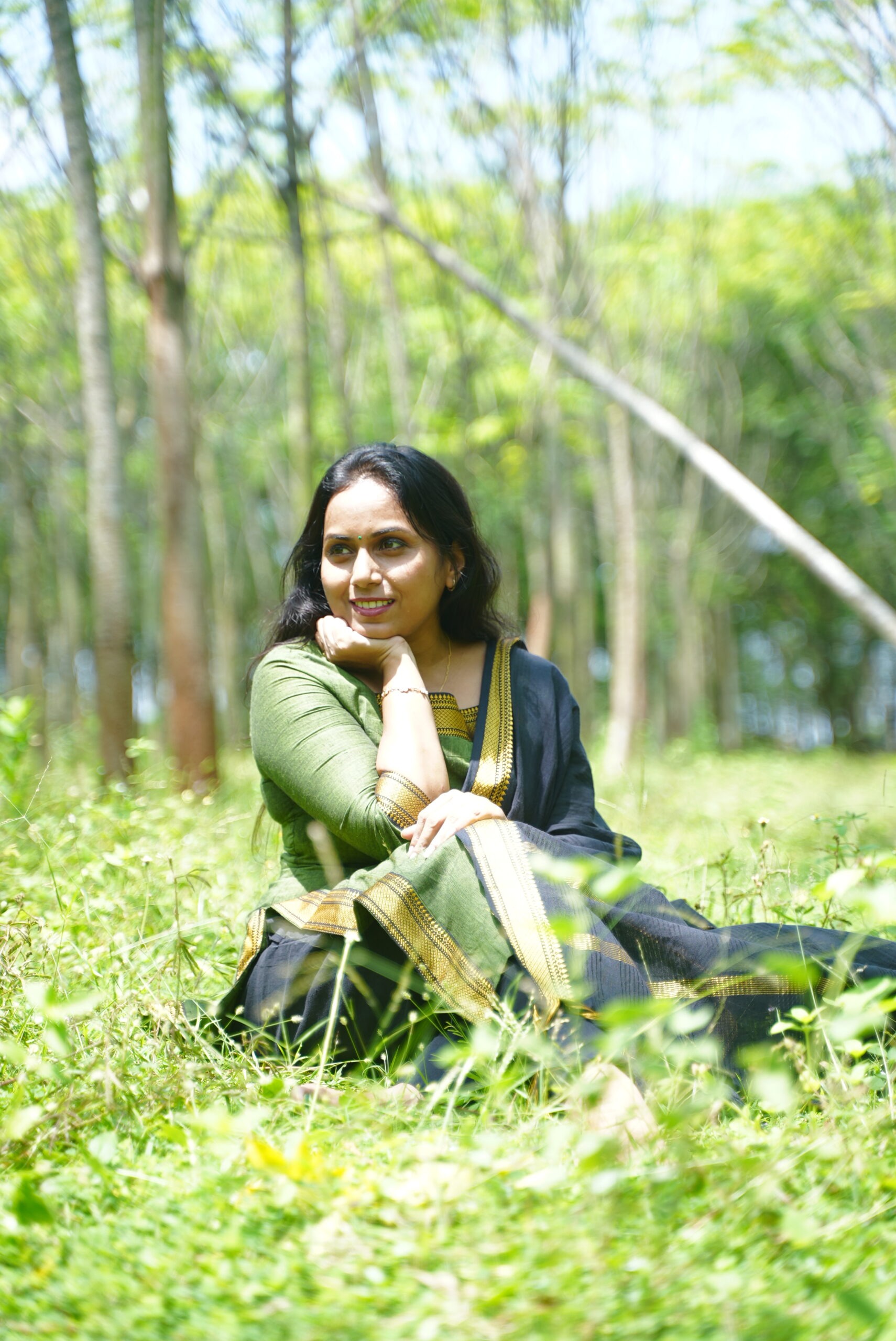 SJ-15 | Mangalagiri Handloom Cotton 3-Piece Suit Set – Leaf Green & Black Contrast - Image 6