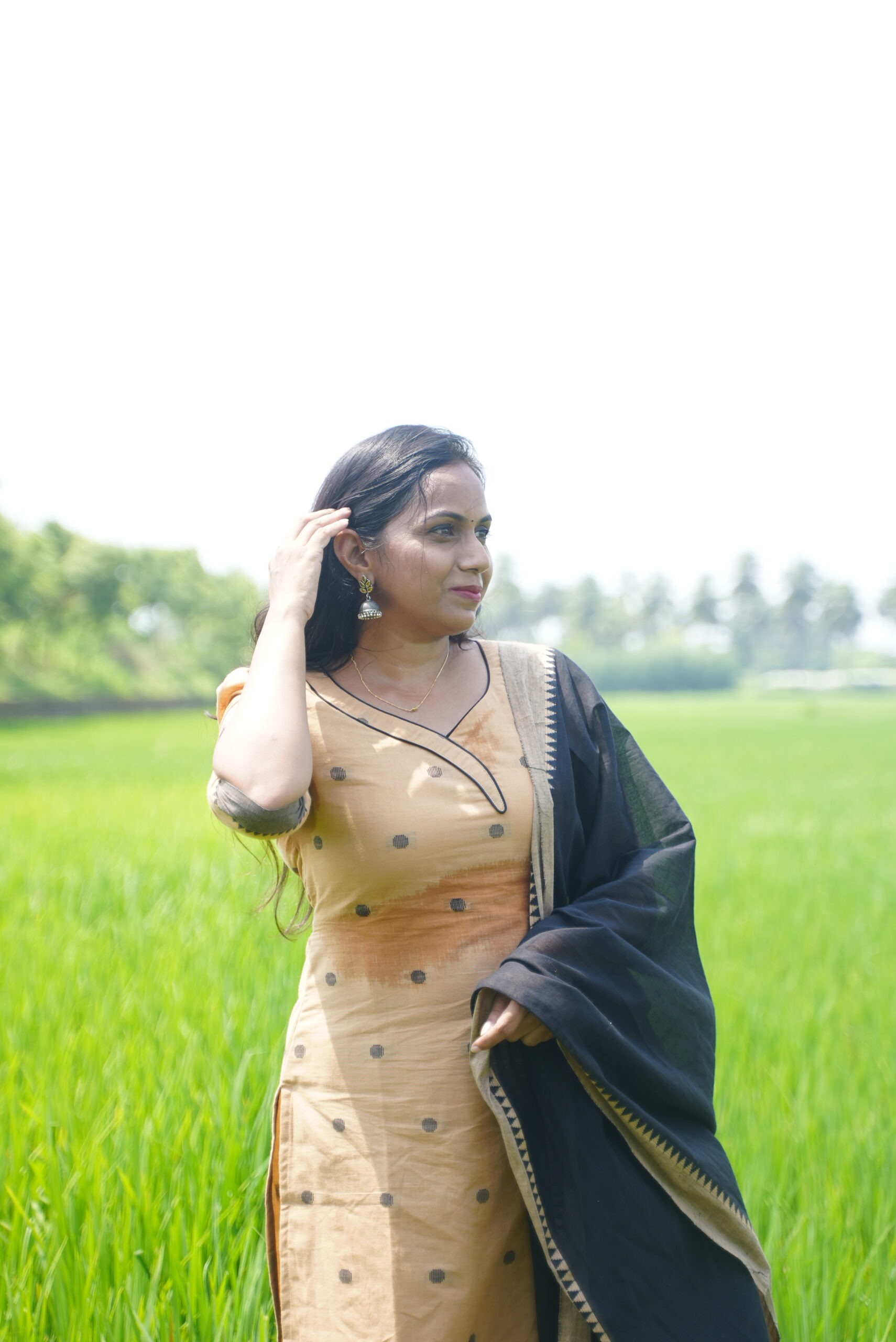 SJ-16 | Mangalagiri Handloom Cotton 3-Piece Suit Set | Wheat Tone with Black - Image 2