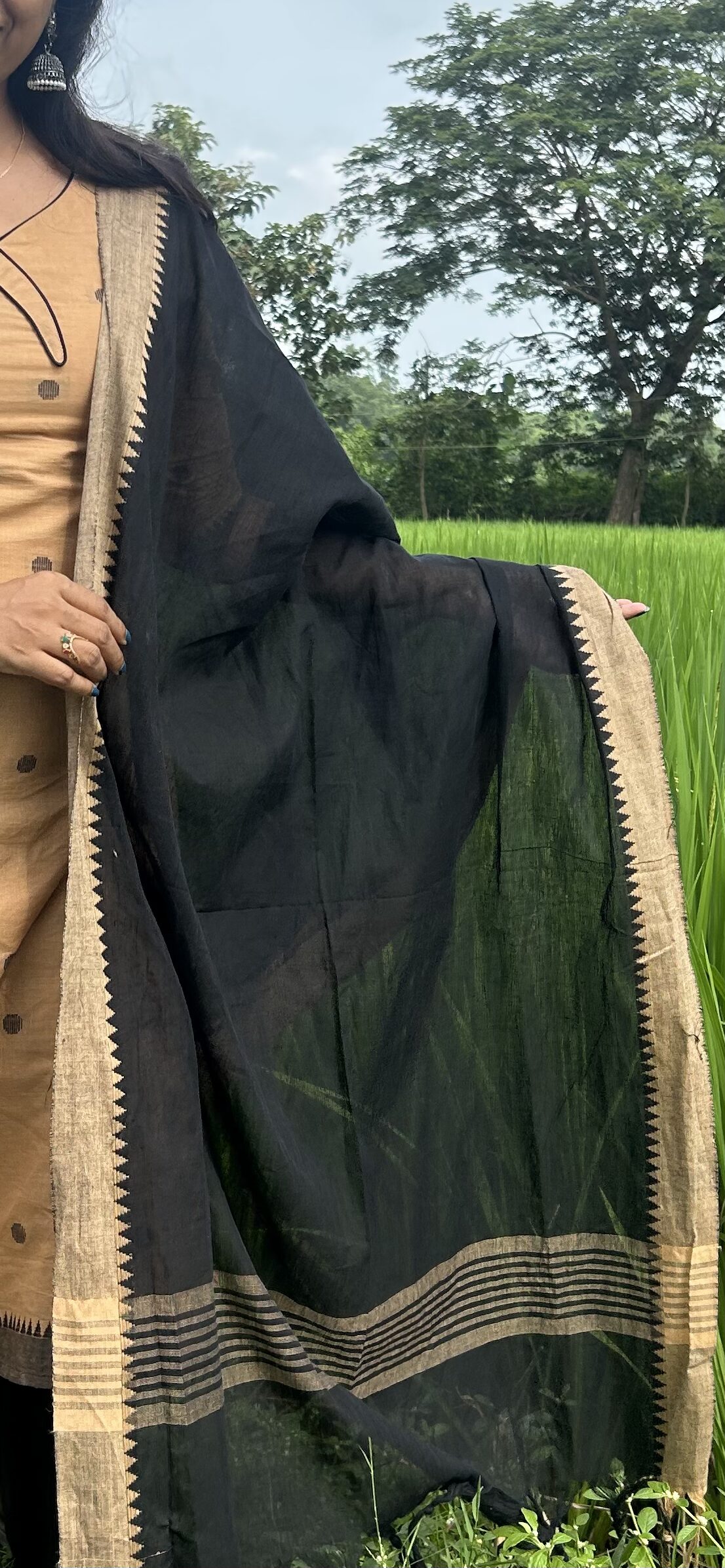 SJ-16 | Mangalagiri Handloom Cotton 3-Piece Suit Set | Wheat Tone with Black - Image 7