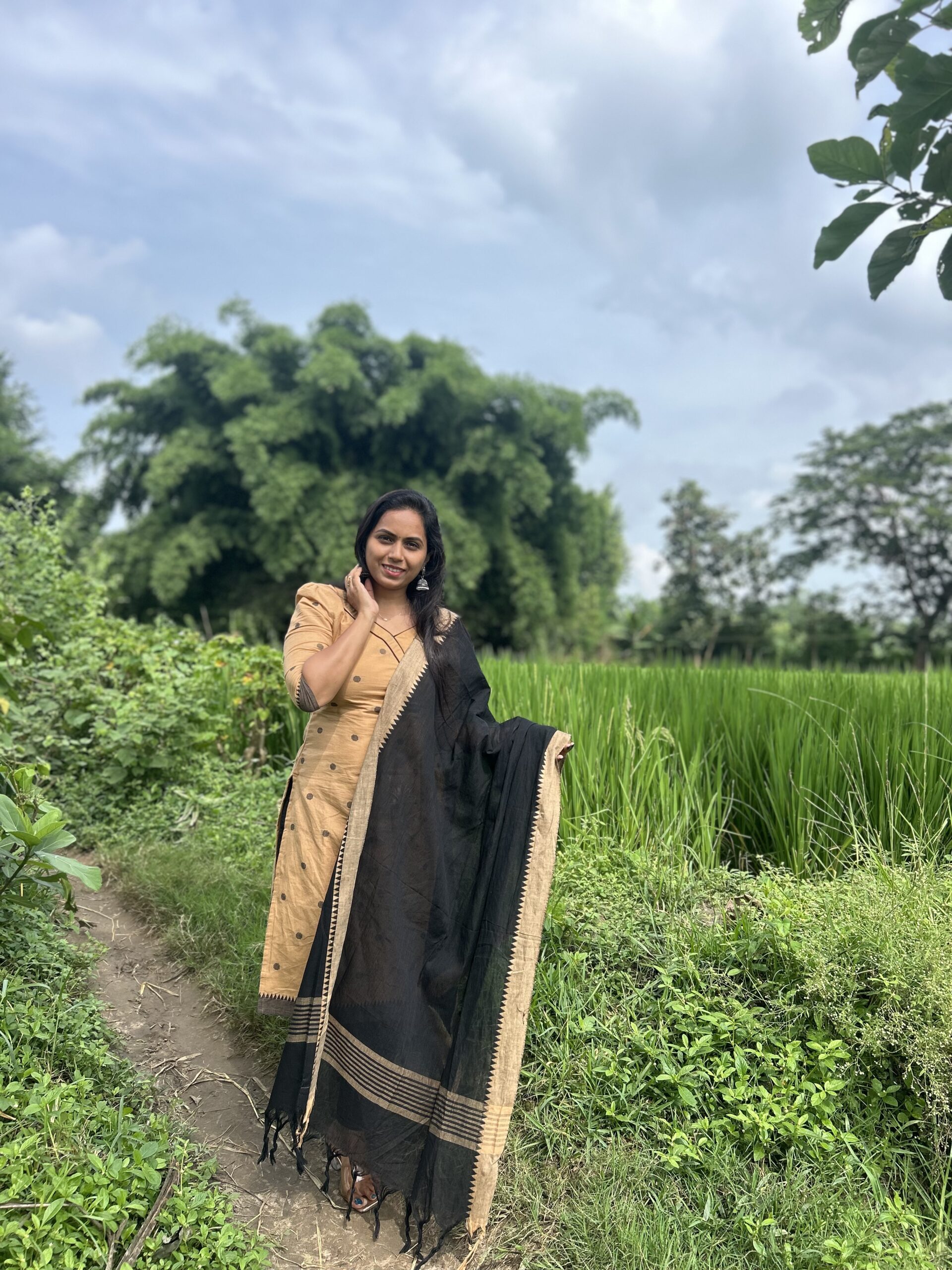 SJ-16 | Mangalagiri Handloom Cotton 3-Piece Suit Set | Wheat Tone with Black - Image 3
