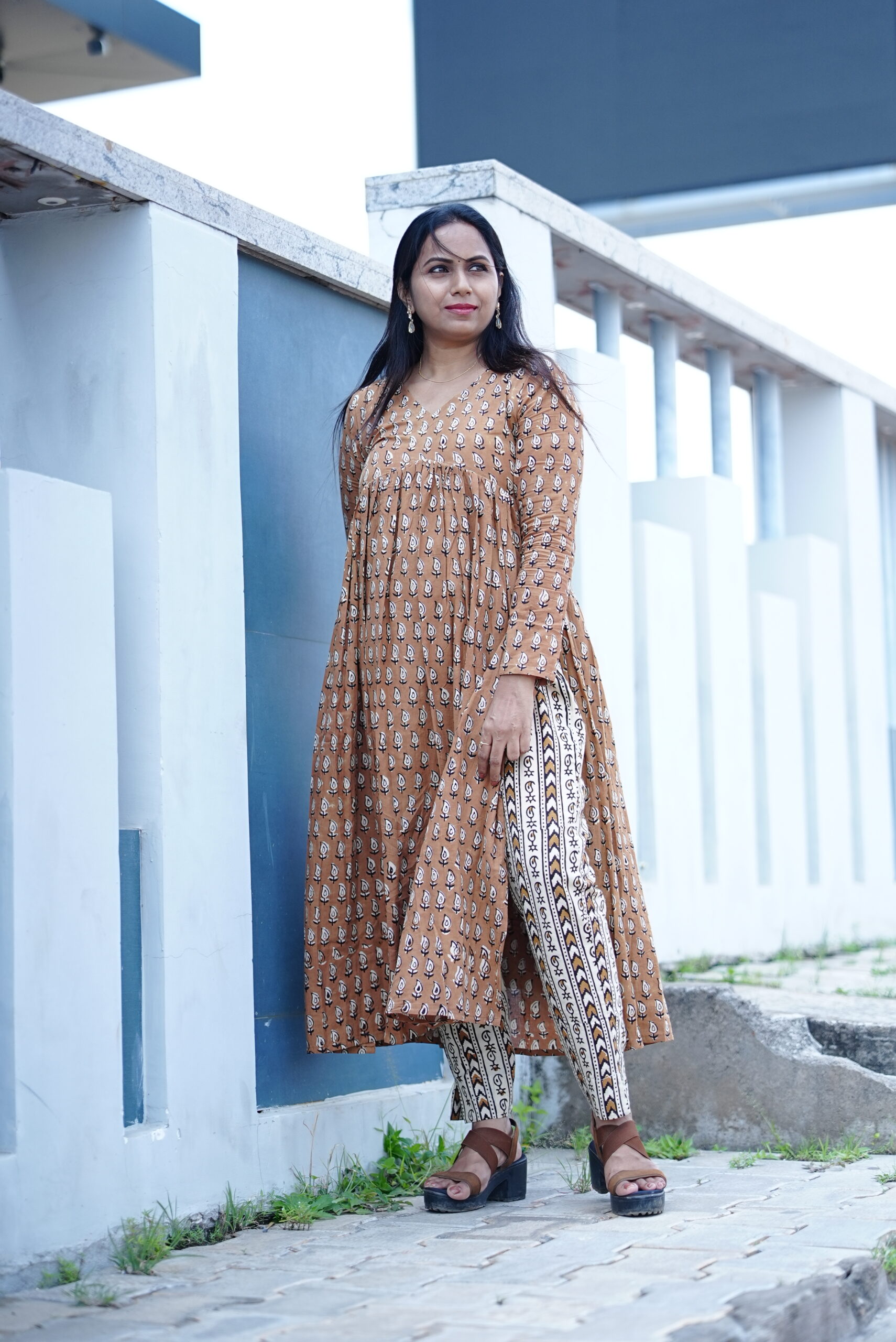 SJ-18 | Sand Stone Handblock A-Line Cotton Co-ord Set with Side Slits - Image 4