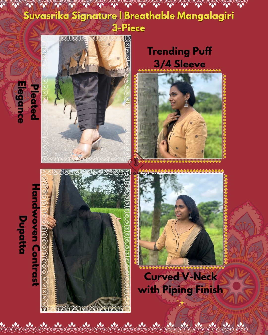 SJ-16 | Mangalagiri Handloom Cotton 3-Piece Suit Set | Wheat Tone with Black - Image 9