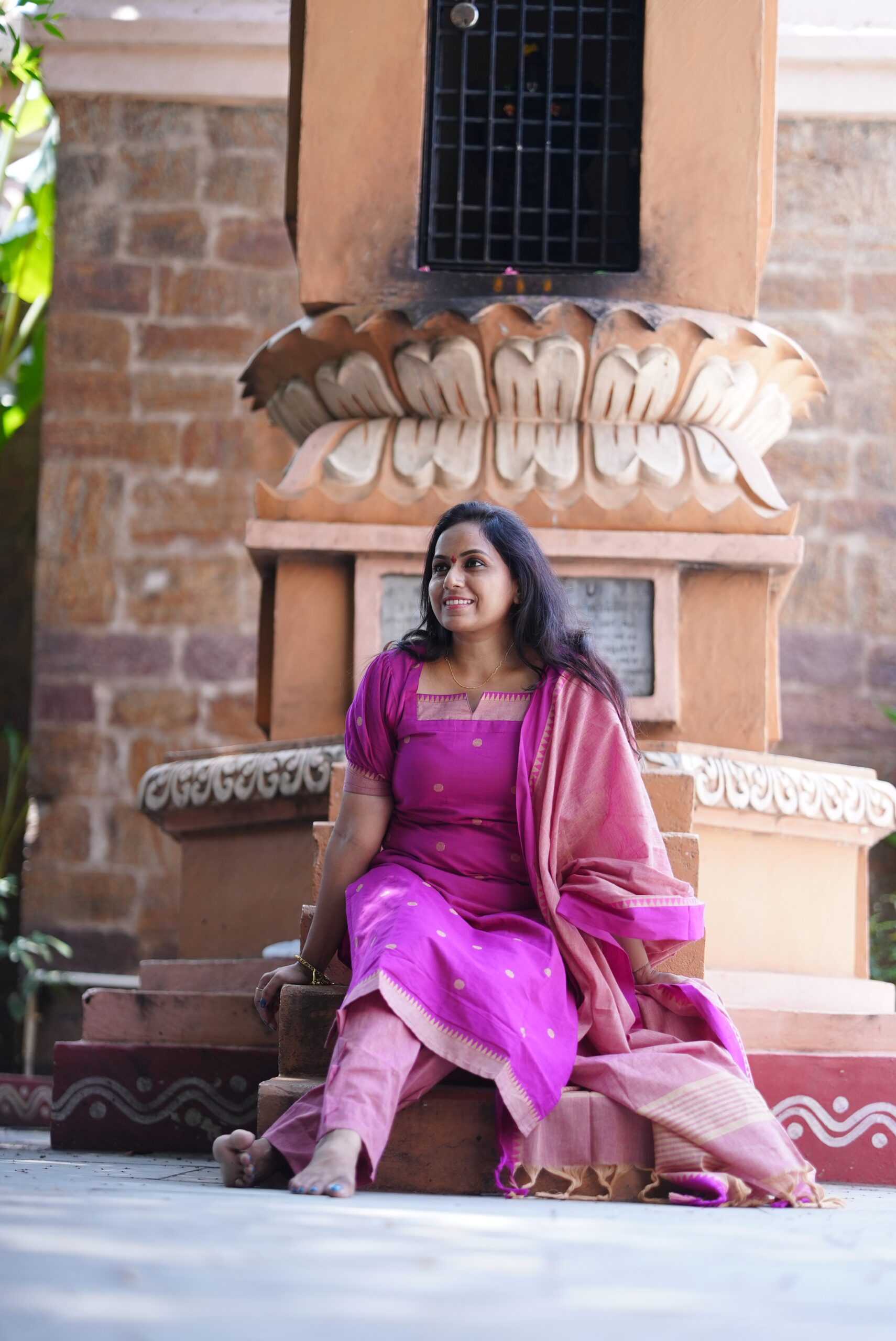 SJ-17 | Magenta Pink Dual-Tone Mangalagiri Cotton 3-Piece Suit Set - Image 6