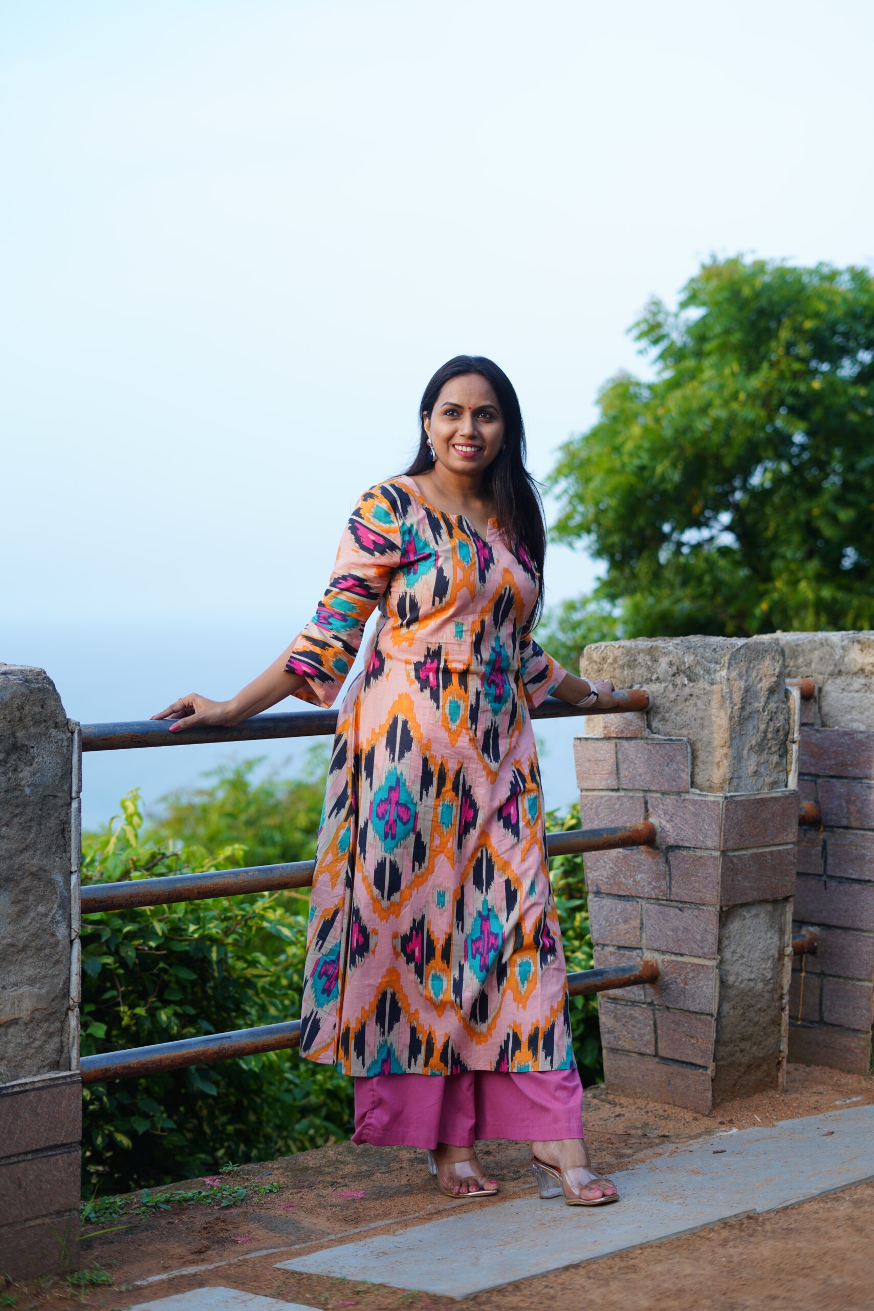 SJ - 09 | Pure Cotton A-Line Kurti | Pastel Peach Ikkat Style Print - Image 6