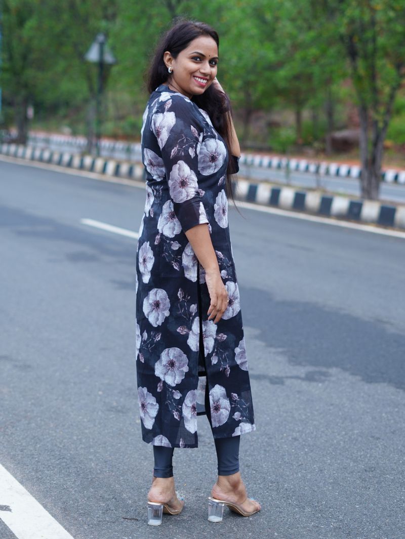 Heavy Vintage Linen Cotton Floral Kurti | Straight Cut