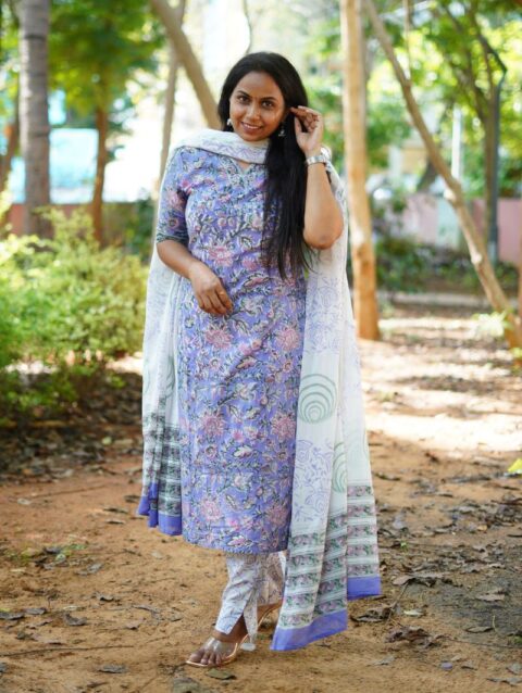 Jaipur Handblock Cotton 3-Piece Suit Set | Straight Kurta + Pant + Dupatta